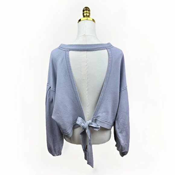 PILCRO Anthropologie Open Tie Back Cotton Sweatshirt Lavender Gray XL Distressed - Picture 7 of 15